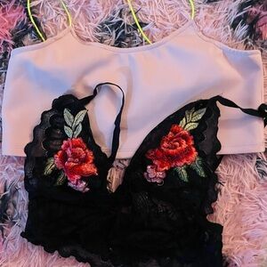 Two Bralettes: Pink, Black Floral Lace